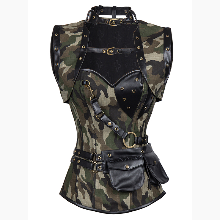 Steampunk Gothic Vintage Faux Leather Camouflage Steel Boned Corset N11947