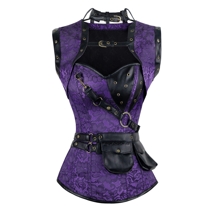 Steampunk Gothic Vintage Purple Steel Boned Overbust Corset for Halloween N11328