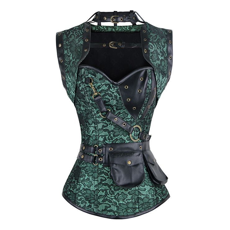 Steampunk Gothic Vintage Green Steel Boned Overbust Corset for Halloween N11329