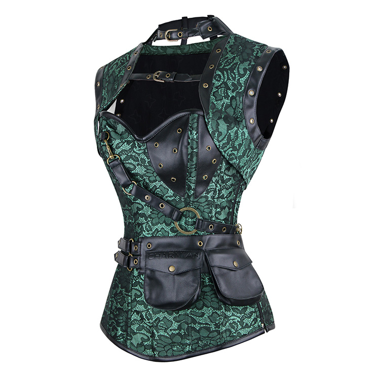 Steampunk Steel Boned Corset for Women, vintage corset bustier tops, Steel Boning Corset blet, Steampunk clothing for halloween,green retro overbust corset, #N11329