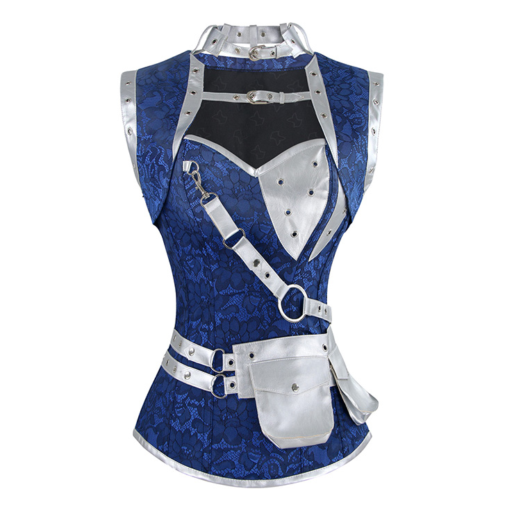 Steampunk Gothic Vintage Blue and Silver Steel Boned Corset N12984