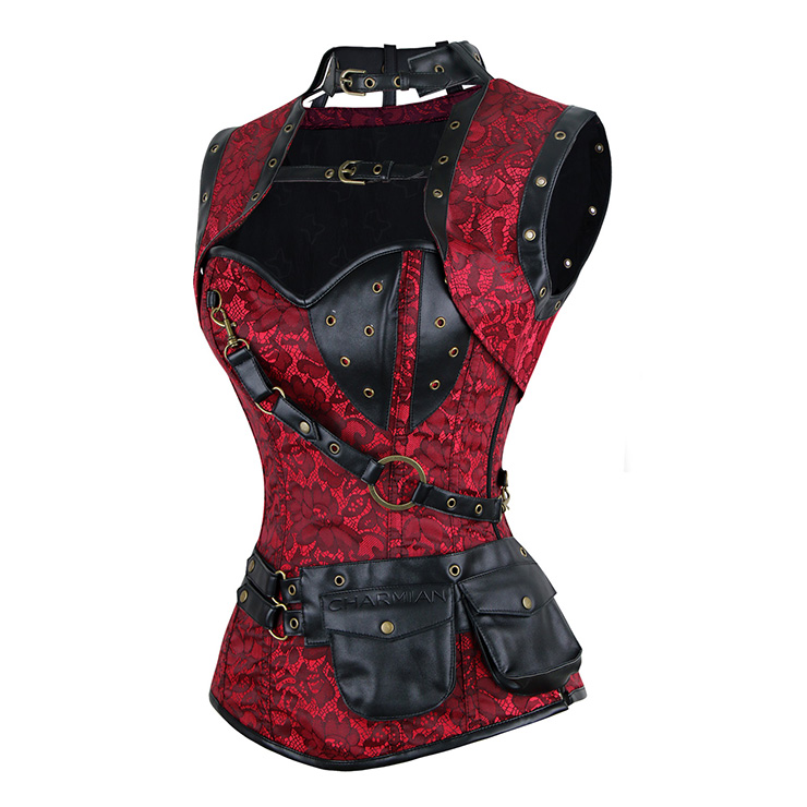Steampunk Steel Boned Corset for Women, Christmas corset bustier tops, Steel Boning Corset blet, Steampunk clothing for halloween, Red retro overbust corset, #N11330