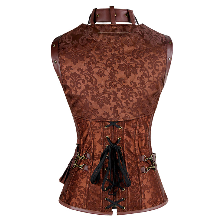 Brown Faux Leather and Brocade Corset, Steel Boned Corset with Jacket, High Neck Pocket Corset, #N7943