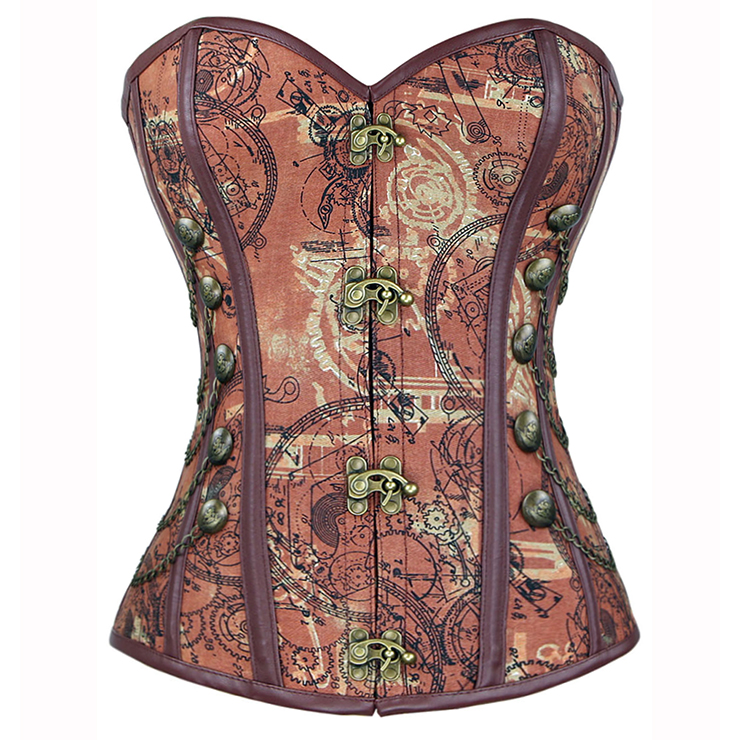 Steampunk Brown Jacquard Steel Boned Busk Closure Outerwear Corset N14415