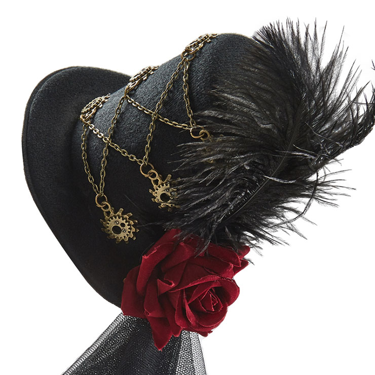 Masquerade Party Costume Hat, Steampunk Halloween Cosplay Costume Hat, Retro Fascinator Fancy Ball Top Hat, Vintage Steampunk Style Red Rose and Lace Feather Costume Hat, Fashion Party Costume Hat Accessory, Fancy Victorian Gothic Fascinator,#J22868