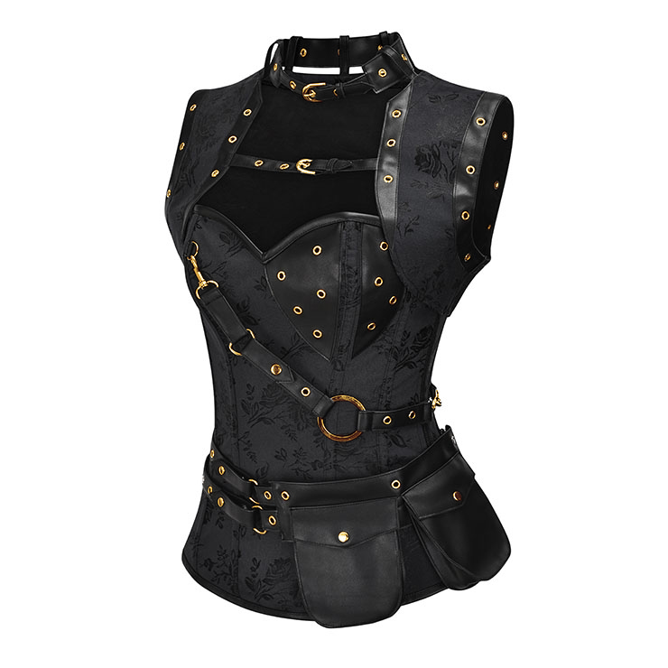 Black Faux Leather and Brocade Corset, Steel Boned Corset with Jacket, Steampunk High Neck Pocket Corset, Sexy Steampunk Overbust Corset, Sexy Overbust Waist Cincher, Steampunk Steel Boned Corset, Sexy Steel Boned Overbust Corset, Sexy Steampunk Cosplay Corset, #N22252