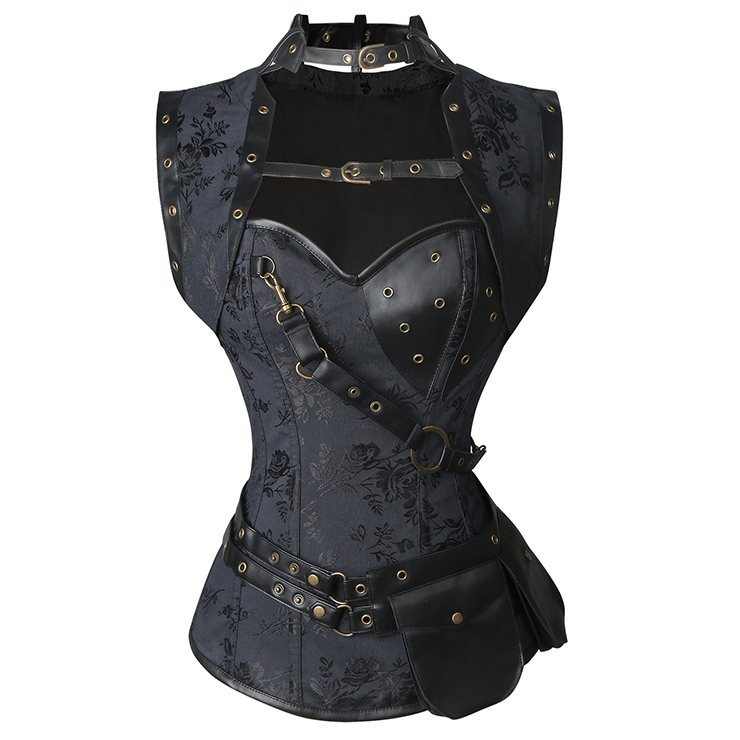 Black Faux Leather and Brocade Corset, Steel Boned Corset with Jacket, Steampunk High Neck Pocket Corset, Sexy Steampunk Overbust Corset, Sexy Overbust Waist Cincher, Steampunk Steel Boned Corset, Sexy Steel Boned Overbust Corset, Sexy Steampunk Cosplay Corset, #N22252