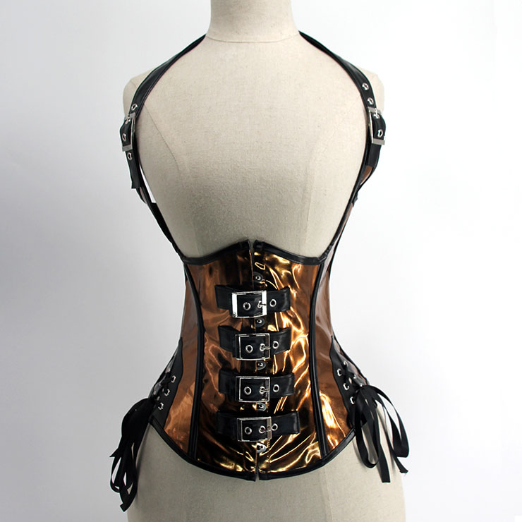 Sexy PU Leather Underbust corset, Burlesque Underbust Corset, Steampunk Waistcoat Corset, Sexy Gothic Halter Underbust Corset, PU Leather Waist Cincher Shapewear, #N21765