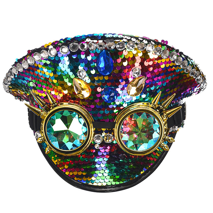 Steampunk Colorful Sequins and Rhinestones Cosplay Cap Rivets Goggles Nightclub Costume Hat J21823