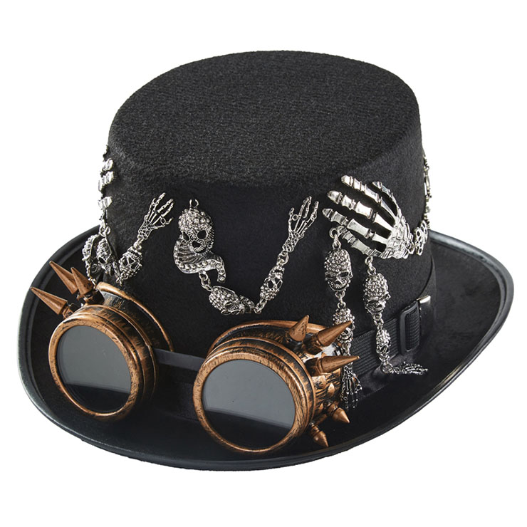 Steampunk Skull Head Skull Hand and Goggles Masquerade Halloween Costume Top Hat J22792