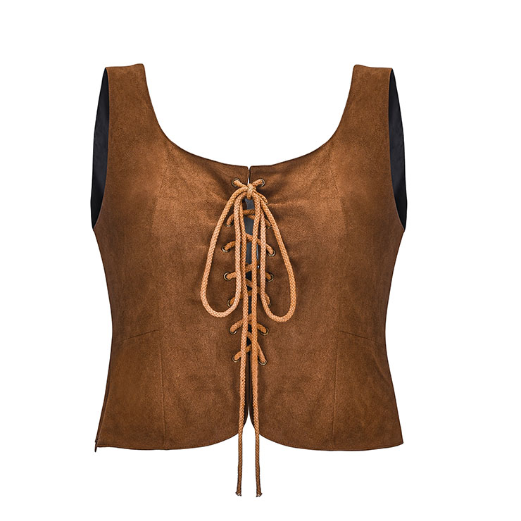 Steampunk Style Brown PU Leather Lace-up Vest Scoop Neck Sleeveless ...