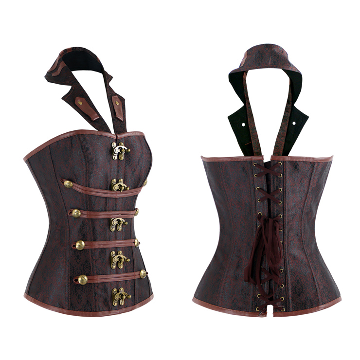 Vintage Brocade Outerwear Corset, Waist Cincher Corset, Cheap Outerwear Corset, Brown Steel Bone Corset, Brown Halter Steampunk Corset, Classic Corset Corset for the Body,#N10371