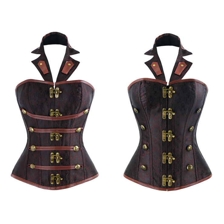 Vintage Brocade Outerwear Corset, Waist Cincher Corset, Cheap Outerwear Corset, Brown Steel Bone Corset, Brown Halter Steampunk Corset, Classic Corset Corset for the Body,#N10371