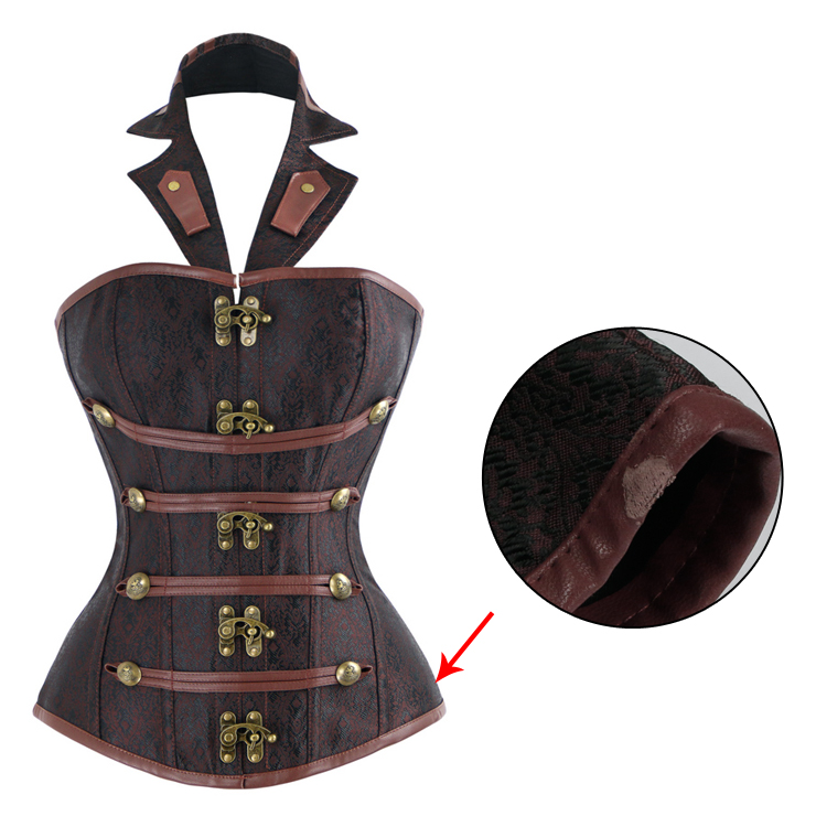 Royalty Steampunk Vintage Brown Halter Neck Steel Bone Busk Closure Outerwear Corset With A Little Defect N10371