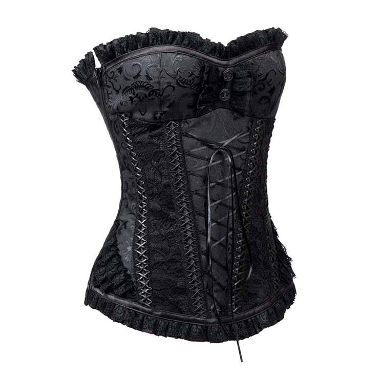 Fashion Steel Boned Black Jacquard Lace Trim Overbust Corset N10637