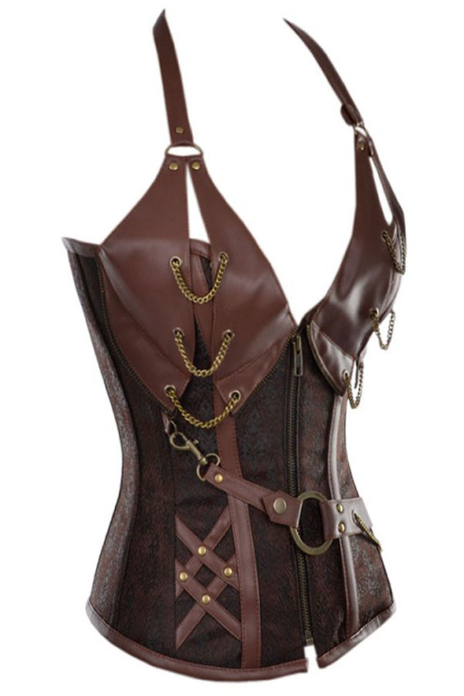 Steel Boned Steampunk Retro Brown Halter Bustier Corset N11082