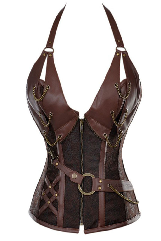 Cheap Steel Boned Corset, Vintage Brown Halter Corset, Women