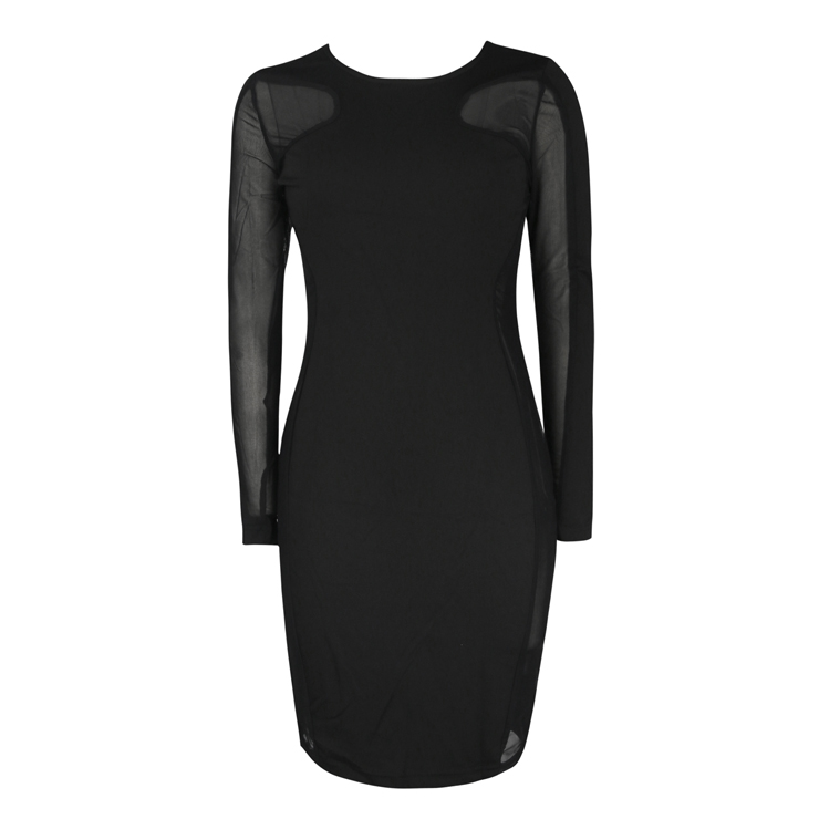 Black Round Neckline Long Sleeves Stitching Mesh Exposed Bodycon Dress ...