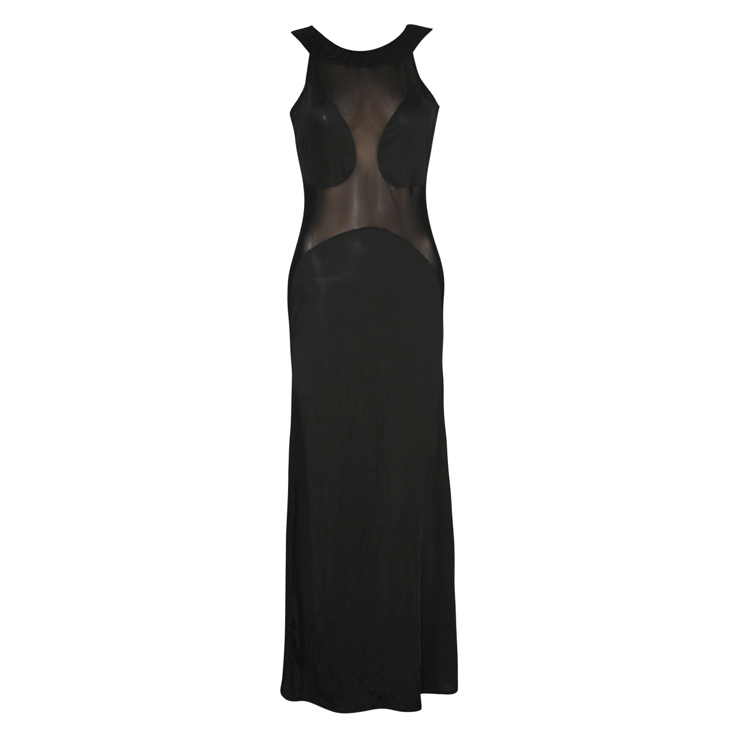 Black See-through Gown, Black Contrast Mesh Yoke Bodycon Gown, Illusion Netting Gown, #N8023