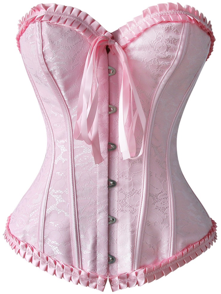 Strapless Pink Burlesque Corset, Pink Brocade Burlesque Corset with Ruffle Trim, Pink Corset, #M6528