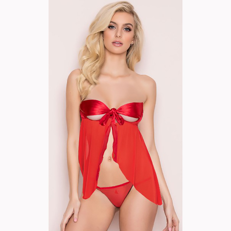 Babydoll Lingerie, Sexy Red See-through Mesh Nightwear, Fashion Strapless M...