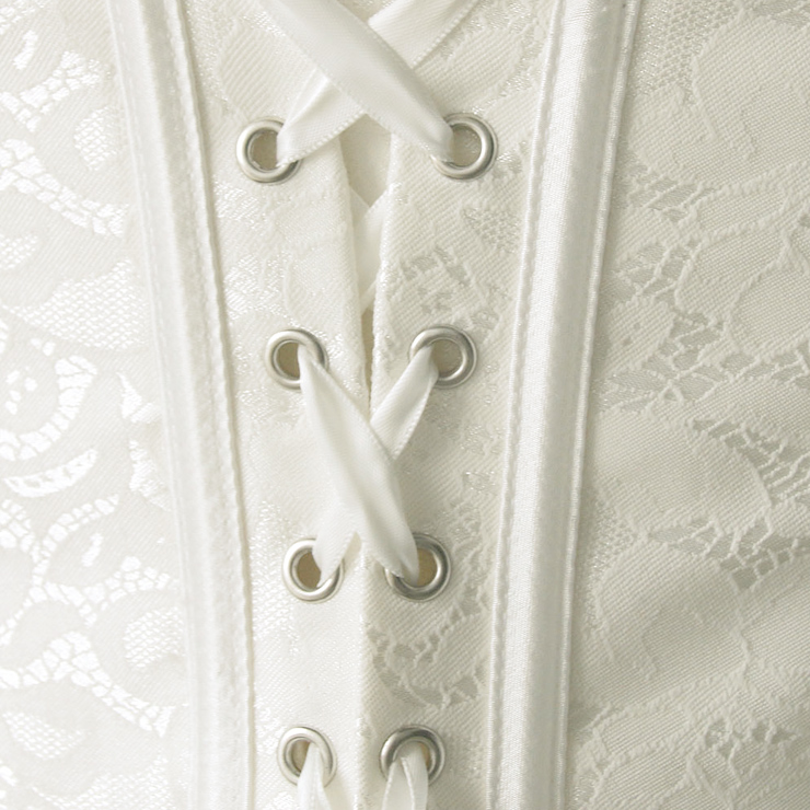 Strapless White Burlesque Corset, White Brocade Burlesque Corset with Ruffle Trim, White Corset, #M6529