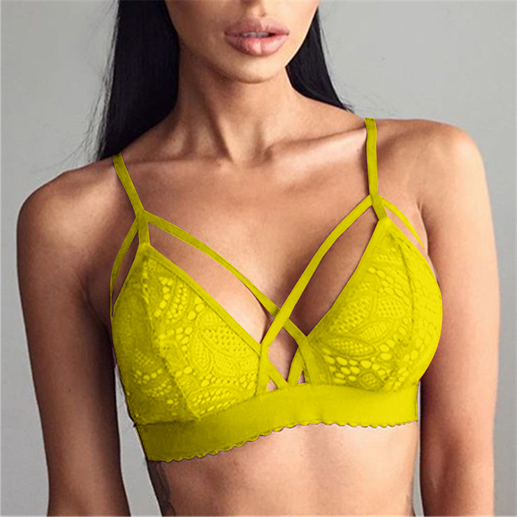Sexy Yellow Strappy Seethrough Hollow Out Floral Lace Lingerie Bra N16461