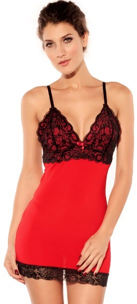 Lace Trim Chemise Set, Lace-up Chemise, Red and Black Lingerie, #N6681