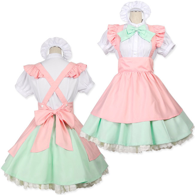 Sexy Lolita Maid Costume, Japonese Maid Costume, Pink, Green and White Maid Costume, #M8710