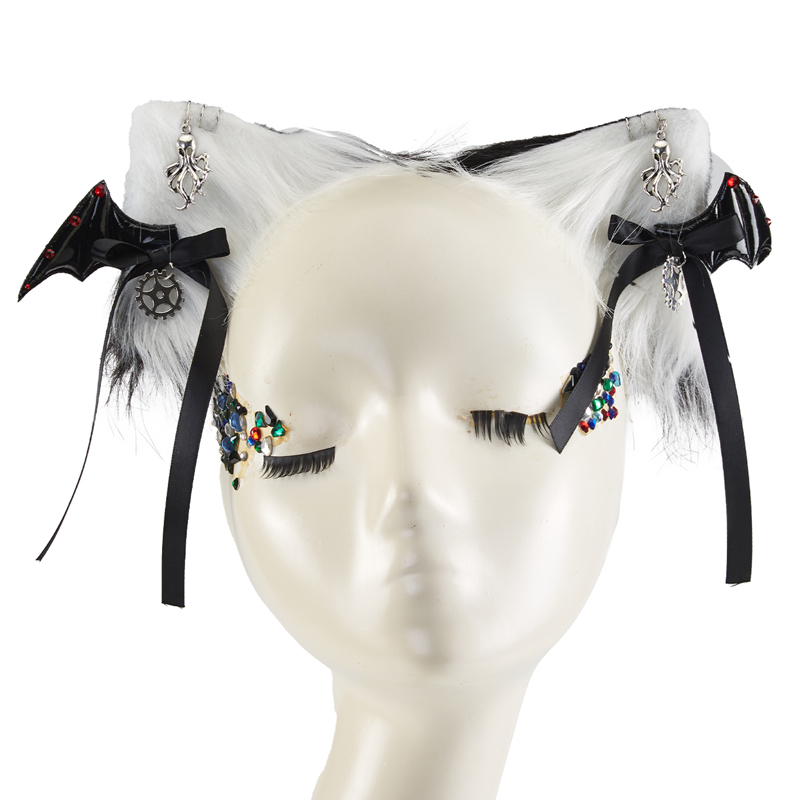 Gothic Lolita Lint Cat Ear Bat Diamond Edge Clamp Halloween Hair Accessory J22973