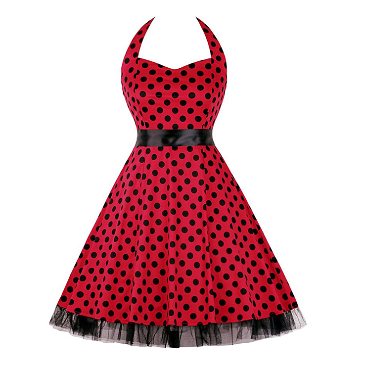 Vintage Sweetheart Neckline Halter Backless Polka Dot Casual Swing Knee