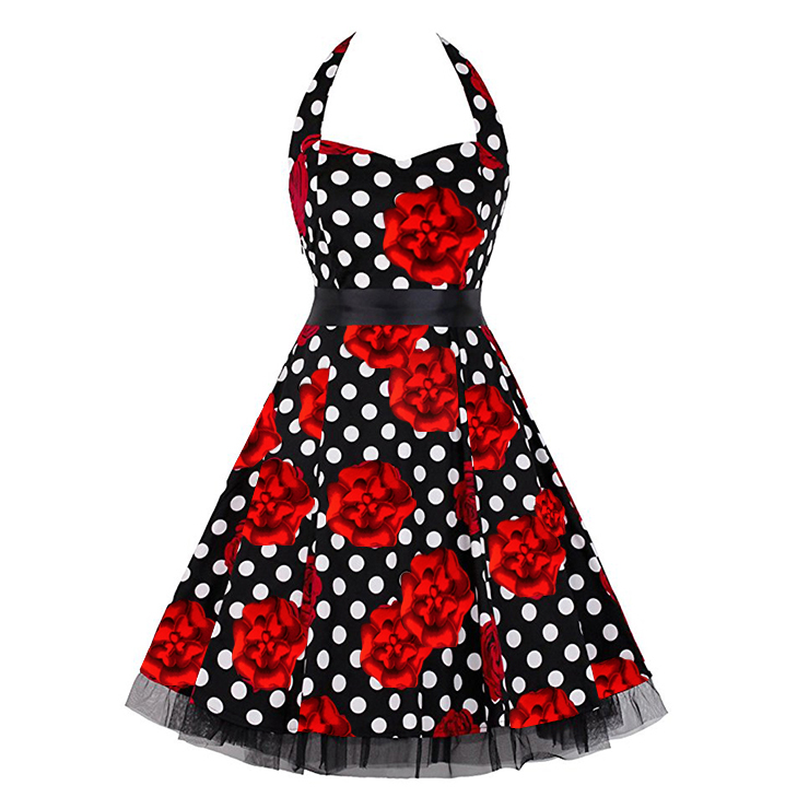 Vintage Sweetheart Neckline Halter Backless Polka Dot Flower Casual ...