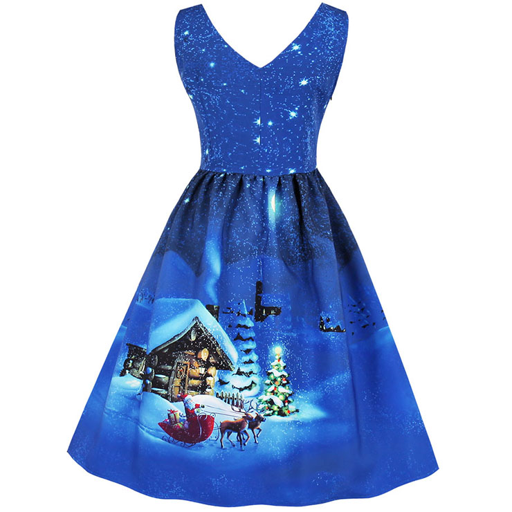 Women's V Neck Sleeveless Christmas Snow Printed Flared Ball Dress N15034