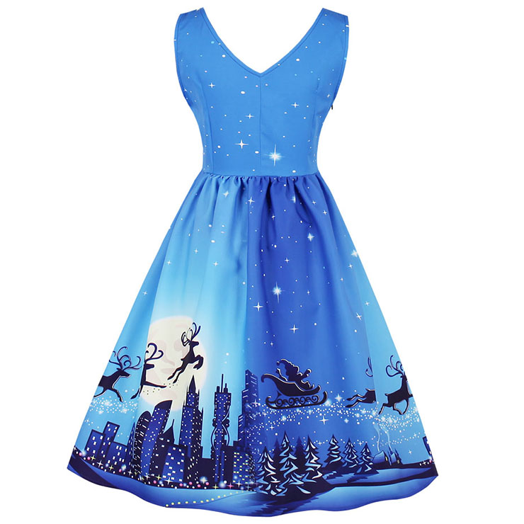 Women's V Neck Sleeveless Christmas Snow Printed Flared Ball Dress N15035