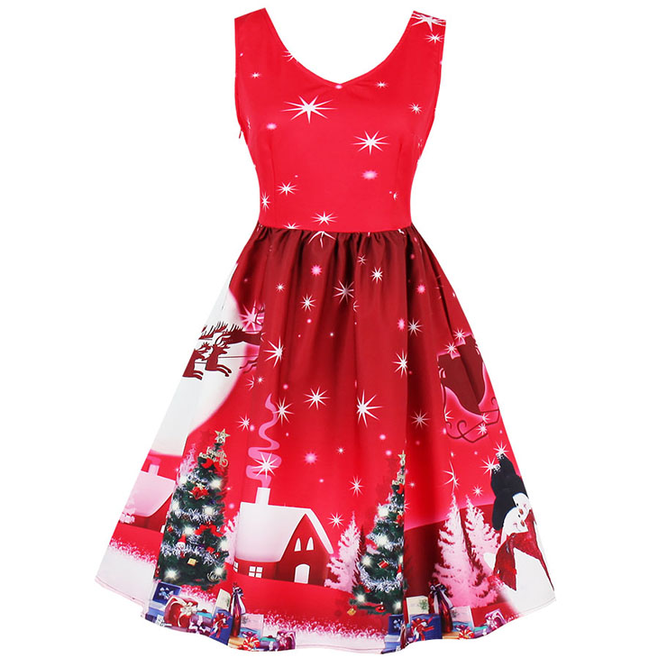 Women's V Neck Sleeveless Christmas Snow Printed Flared Ball Dress N15036