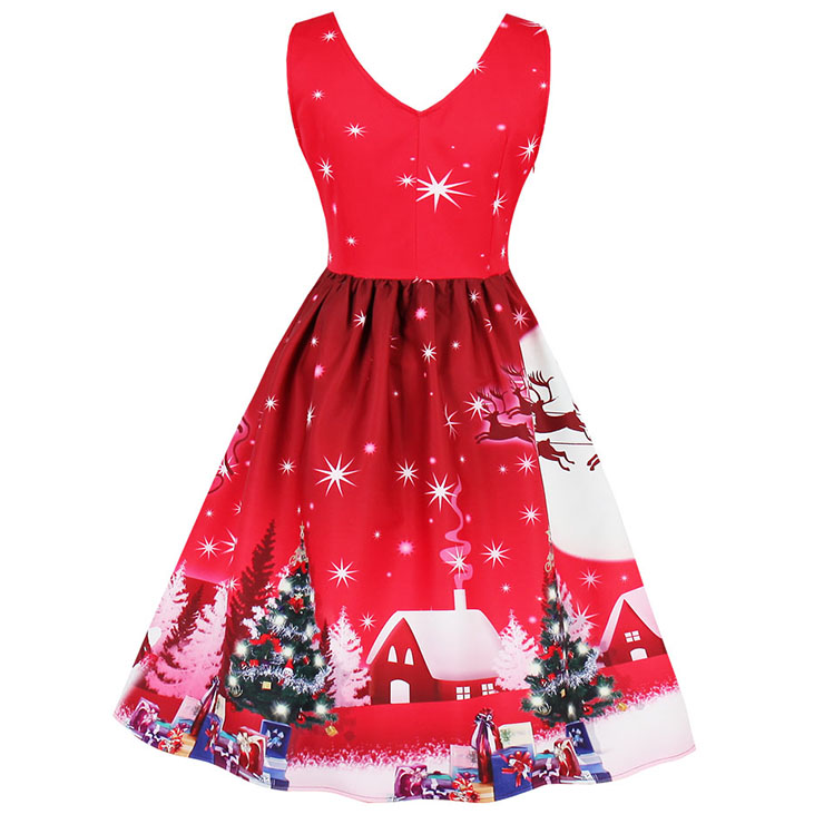 Women's V Neck Sleeveless Christmas Snow Printed Flared Ball Dress N15036