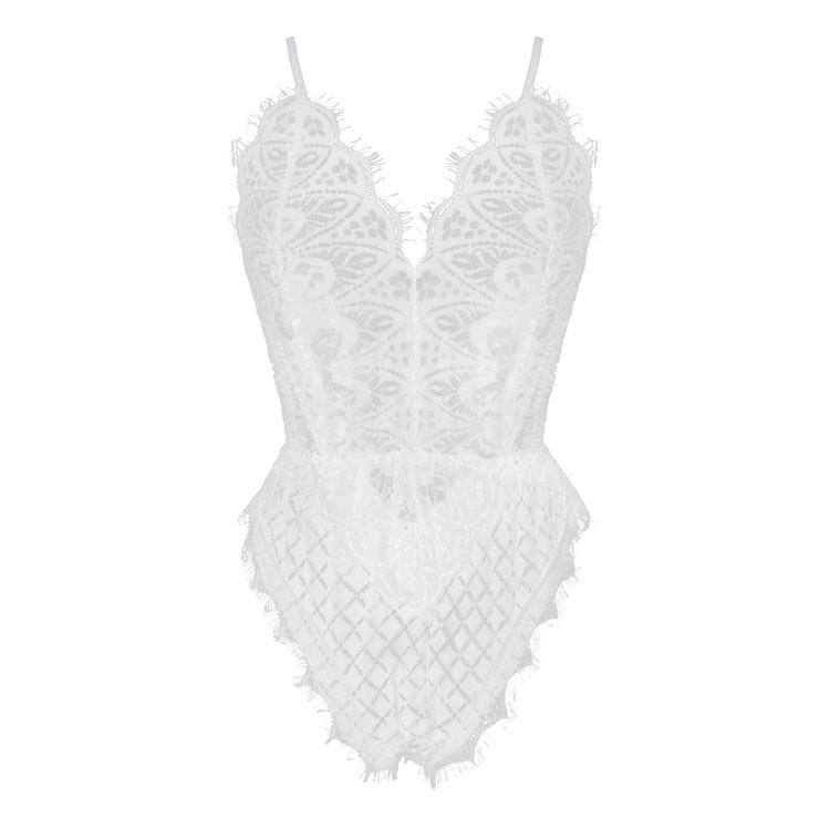 Charming White V Neck Spaghetti Strap Lace Nightwear Bodysuit Teddy ...