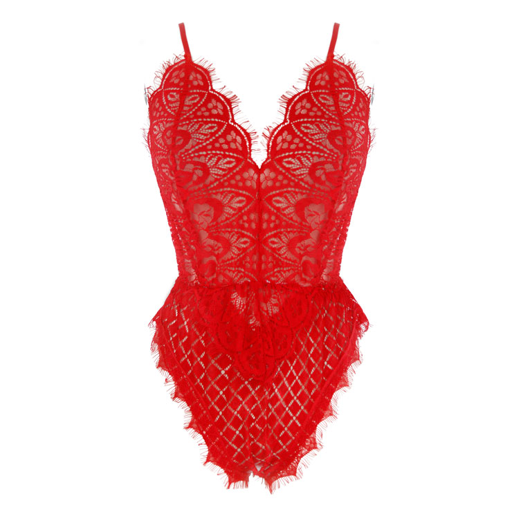 Charming Red V Neck Spaghetti Strap Lace Nightwear Bodysuit Teddy ...