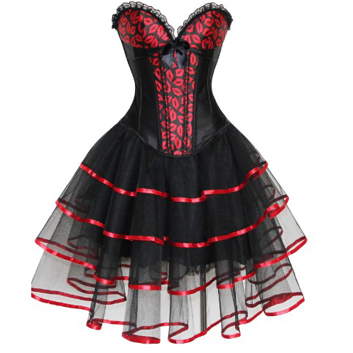 Sexy Gothic Black and Red Mesh Strapless Overbust Corset and Petticoat Set M3197