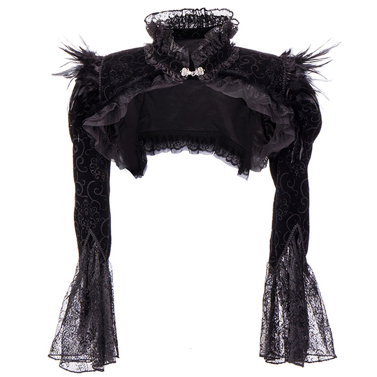 Victorian Gothic Black Chicken Feather High Neck Long Sleeve Shawl N22373