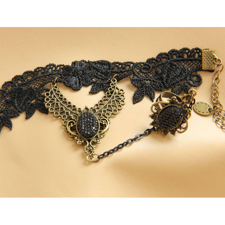 Victorian Gothic Black Floral Lace Wristband Gem Embellishment Bracelet ...