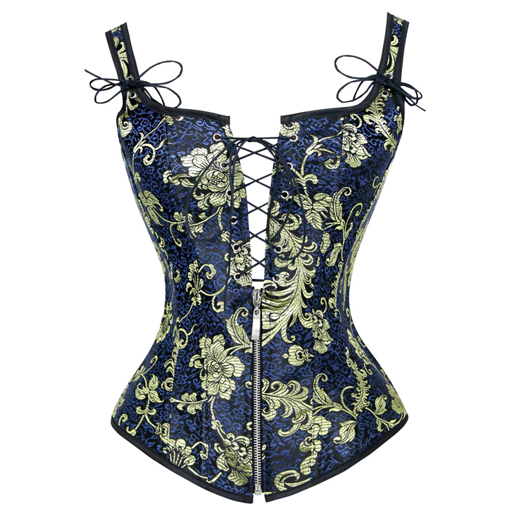 Victorian Gothic Floral Jacquard Boned Wide Straps Lace Up Bustier Vest Corset N18709