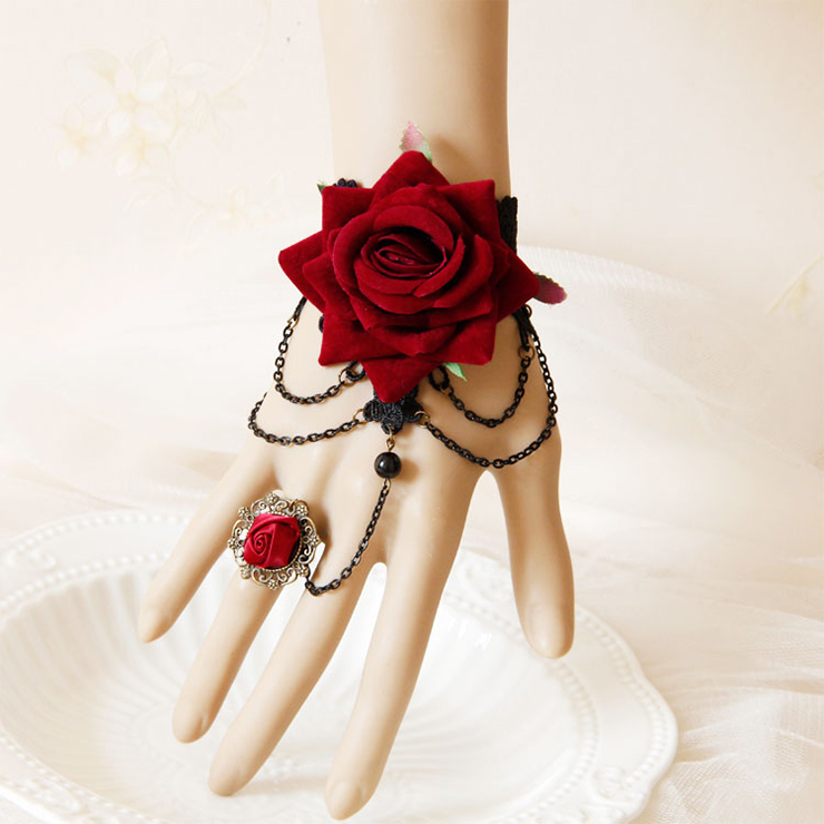 Victorian Gothic Lace Wristband Red Rose Bracelet with Red Rose Ring J18029