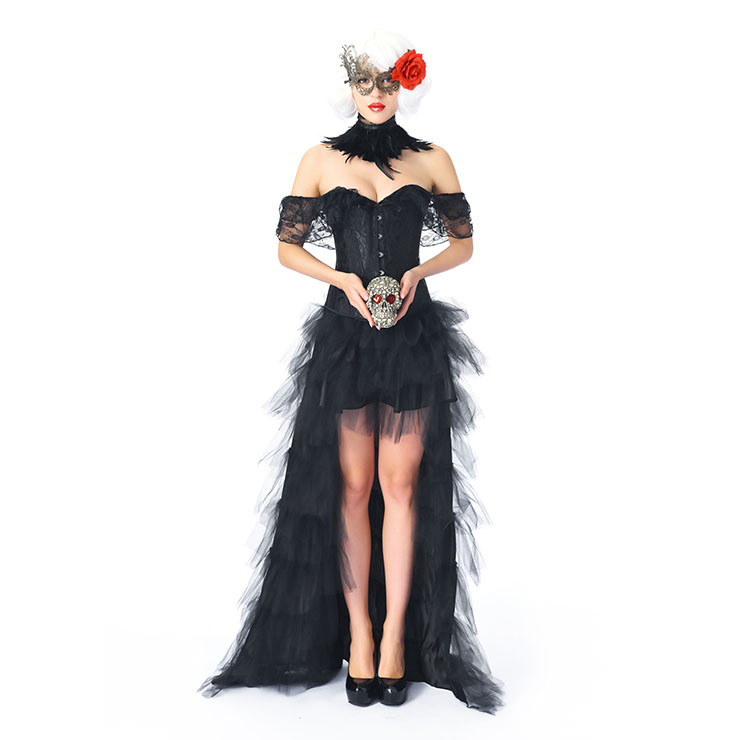 Victorian Gothic Black Jacquard Off Shoulder Floral Lace Corset High Low Skirt Set N20307