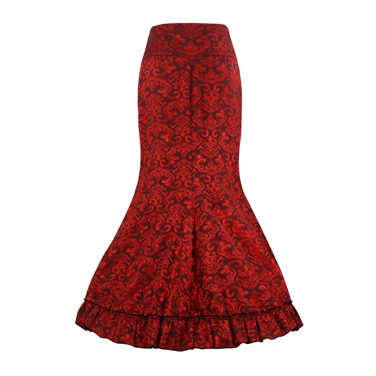 Women's Victorian Gothic Red Jacquard Ruffle Fishtail Skirt N15059