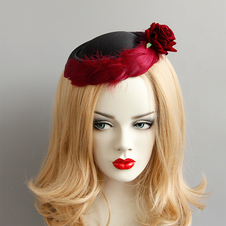 Victorian Gothic Red Rose and Feather Party Hair Clip Felt Hat Hairpin Accessory J18796