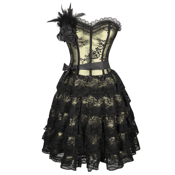 Victorian Elegant Sweetheart Neck Strapless Lace Overlay High Waist A