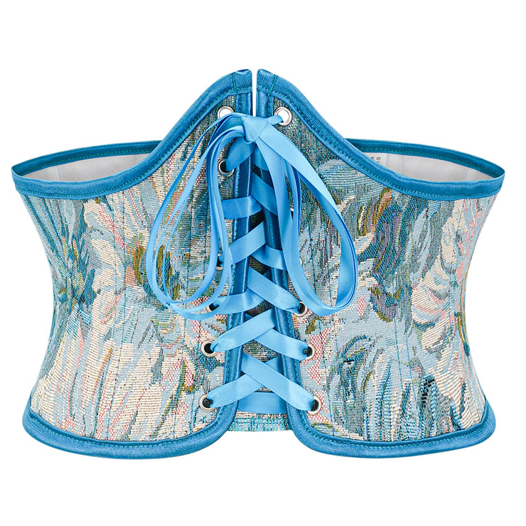 Vintage Blue Chrysanthemum 12 Plastic Boned Underbust Corset Closure Waist Cincher N23064