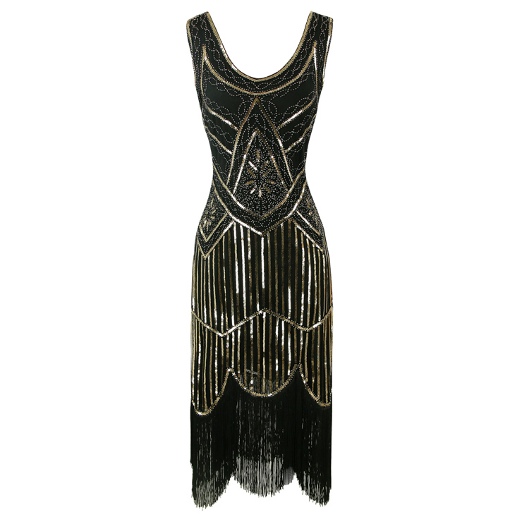 1920s Vintage Sleeveless V Neck Sequin Art Deco Cocktail Flapper Dress ...