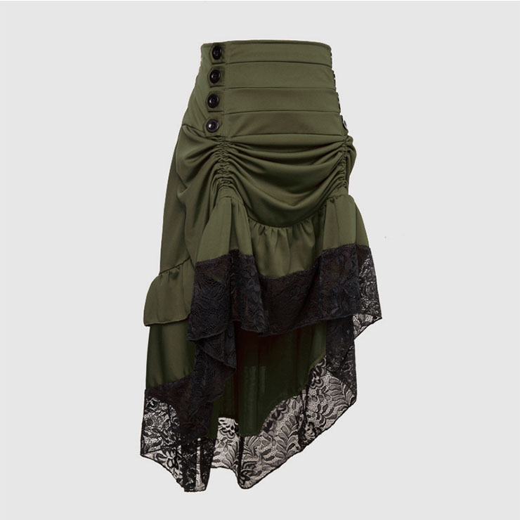 Gothic Party Army Green High-low Skirt, High Wiat Button Skirt for Women, Gothic Cosplay High-low Skirt, Halloween Costume Skirt, Plus Size Skirt, Vintage Gothic Pirate Costume, #N22487